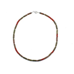 Collier en rondelle de corail rouge et tube en pierre COCORH0013A