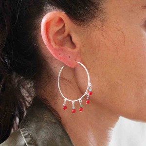 Boucles d'oreilles en corail rouge véritable et pierre BOCORF0023A