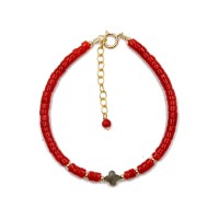 Bracelet en perle Heishi de corail rouge et son trèfle BRCORF0056V