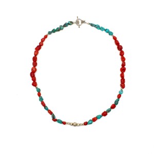 Collier en caillou de corail rouge et turquoise COCORF0080A