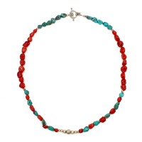 Collier en caillou de corail rouge et turquoise COCORF0080A