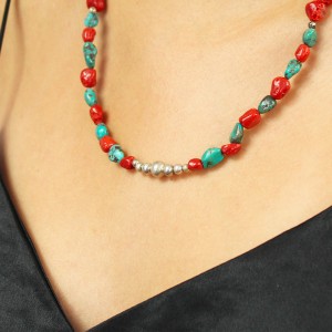 Collier en caillou de corail rouge et turquoise COCORF0080A