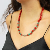 Collier en caillou de corail rouge et turquoise COCORF0080A