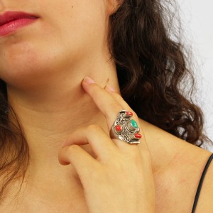 Bague en argent corail et turquoise BACORF0016A