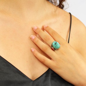 Bague en argent corail rouge et turquoise BACORF0015A