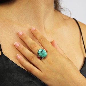 Bague en argent corail rouge et turquoise BACORF0015A