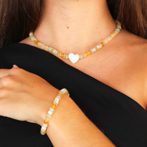 Collier en citrine, nacre blanche et aigue-marine BRNACF0053V