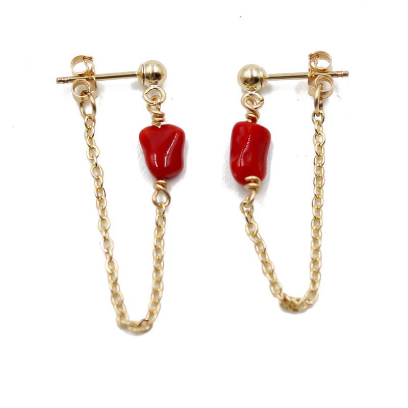 Boucles d'oreilles chaine et galet de corail véritable de méditerranée BOCORF0050V