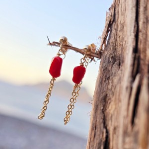 Boucles d'oreilles chaine et galet de corail véritable de méditerranée BOCORF0050V