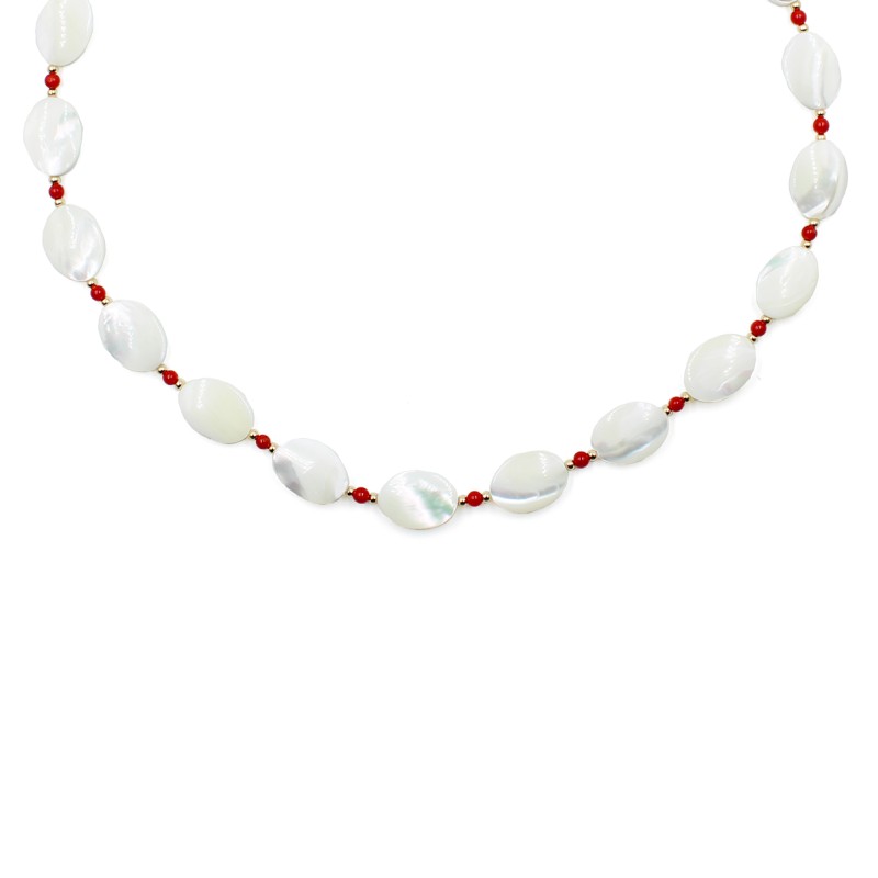 Collier en pastille de nacre et perle de corail rouge véritable COCORF0093V
