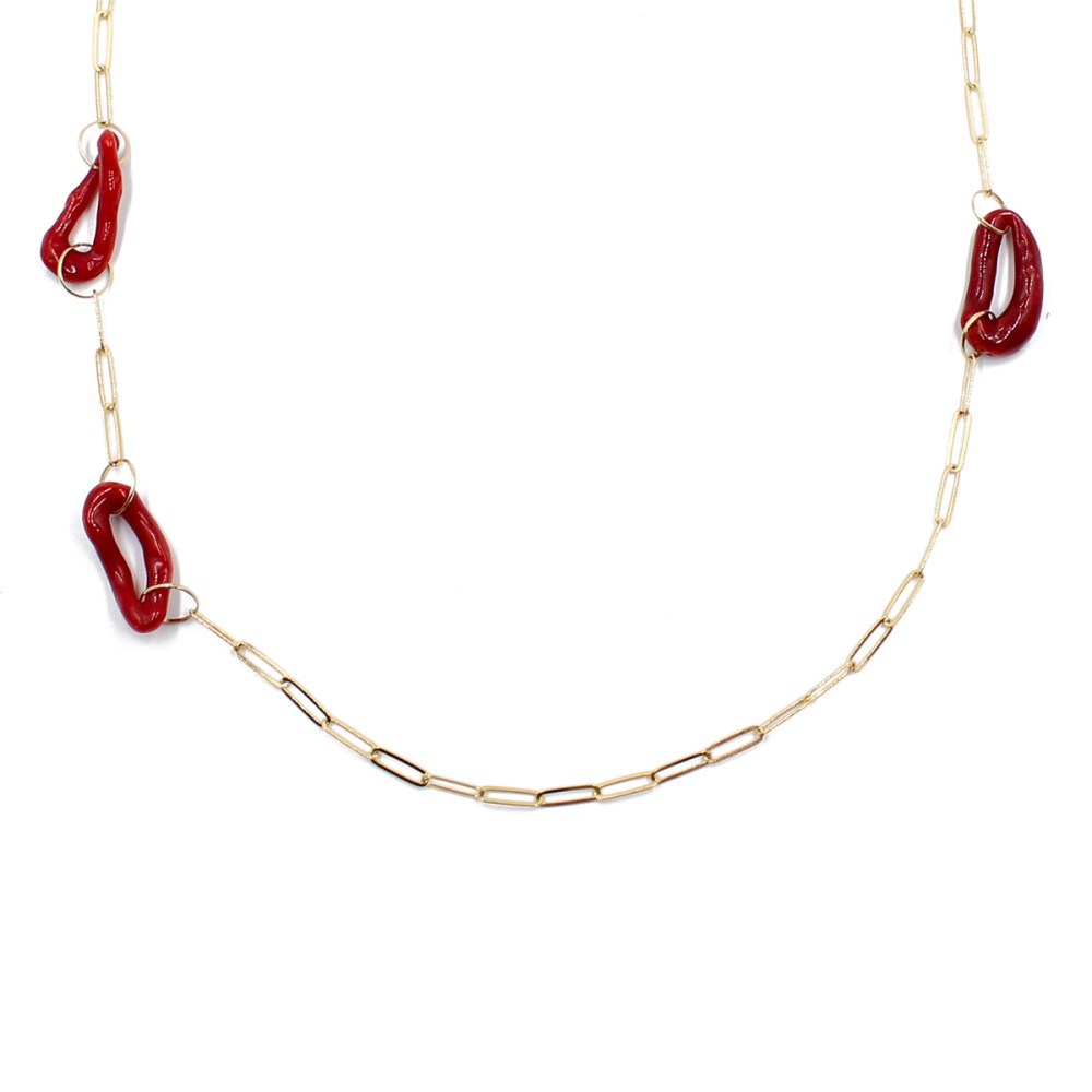 Collier en chaine rectangle et ses noeuds en corail rouge intense COCORF0091V