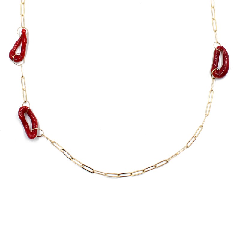 Collier en chaine rectangle et ses noeuds en corail rouge intense COCORF0091V Collier en chaine rectangle et ses noeuds en corail rouge intense COCORF0091V