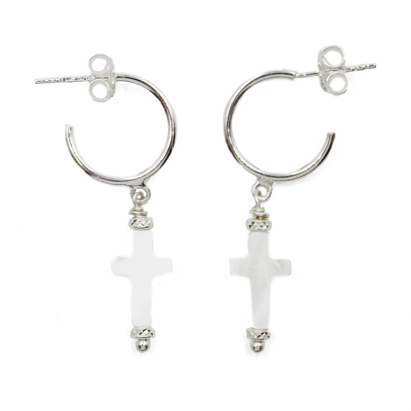 Créole argent et croix en nacre BONACF0040A Créole argent et croix en nacre BONACF0040A