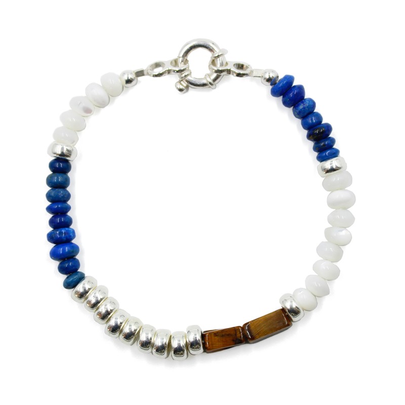 Bracelet en rondelles de nacre, argent et lapis lazuli BRNACH0023A Bracelet en rondelles de nacre, argent et lapis lazuli BRNACH0023A