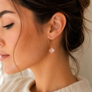 Créoles trèfle en nacre rose et gold filled BONACF0054G