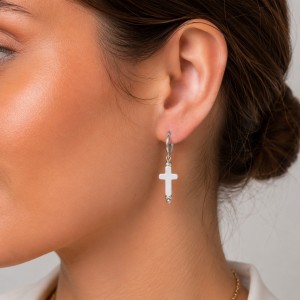 Créoles argent et croix en nacre BONACF0040A