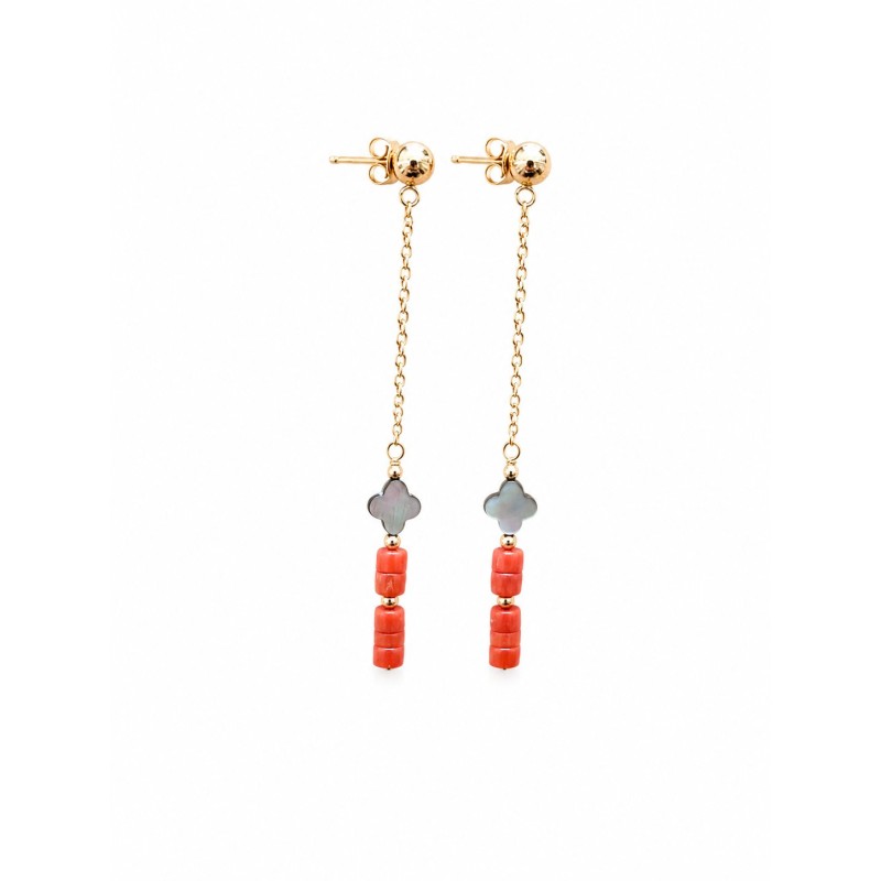 Boucles d'oreilles corail et trèfle nacre noire BOCORF0027G