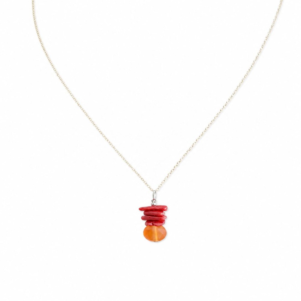Collier pendentif cupolini de corail rouge et cornaline facettée COCORF0094G