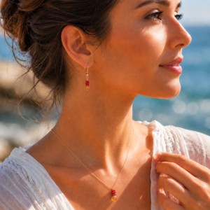 Collier pendentif cupolini de corail rouge et cornaline facettée COCORF0094G