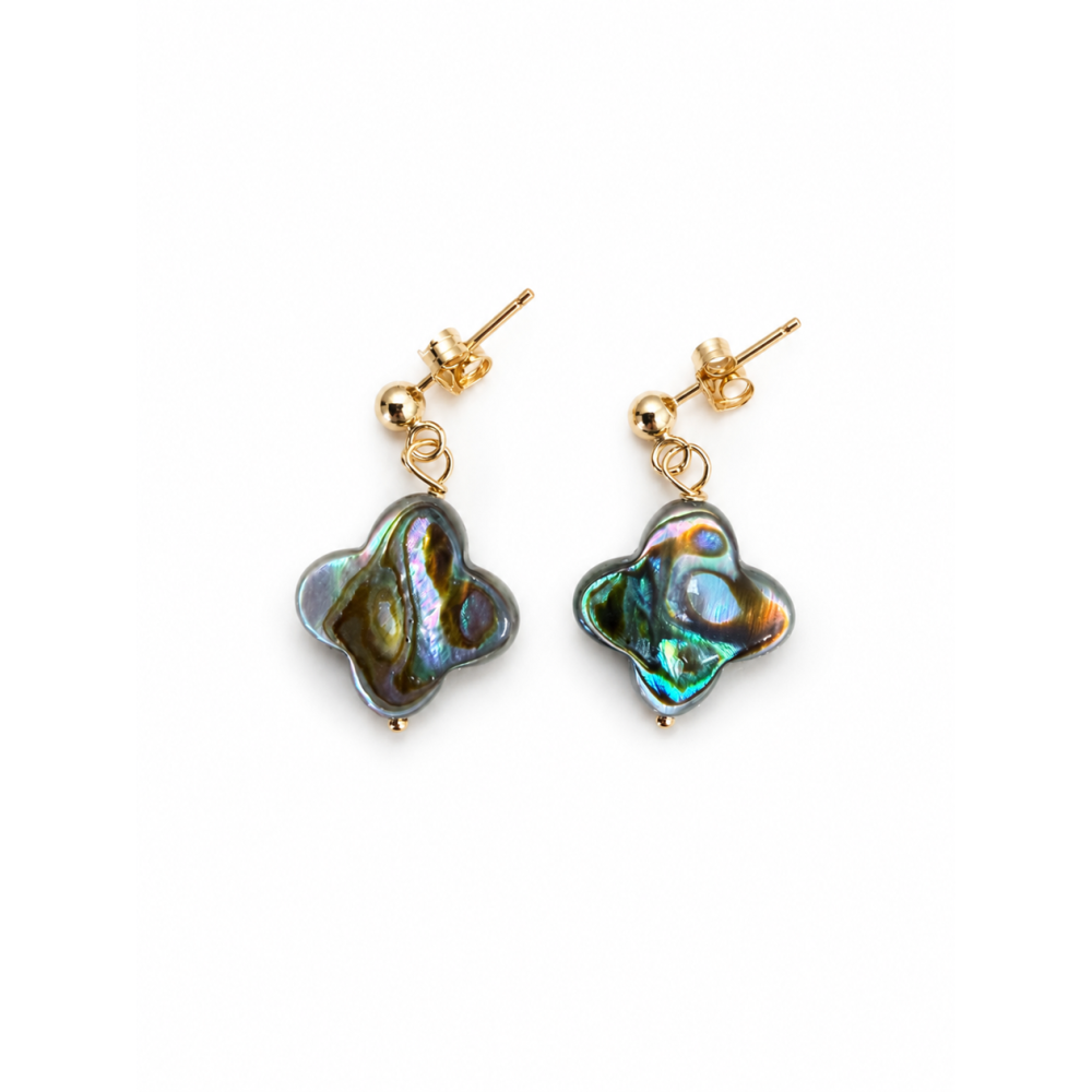 Boucles d’oreilles trèfles en nacre abalone et gold filled BONACF0056G