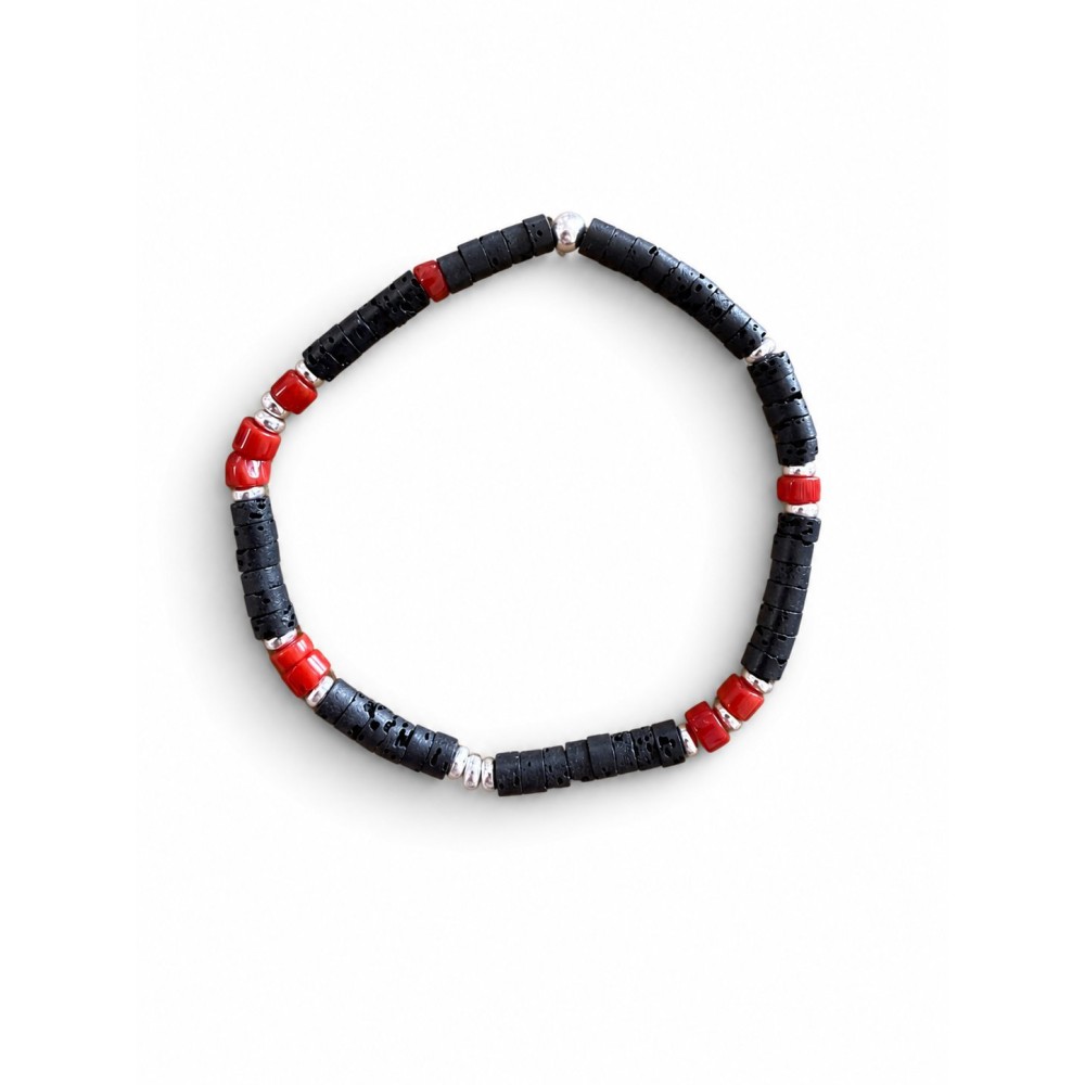 Bracelet homme en pierre de lave, corail rouge et argent BRCORH0033A