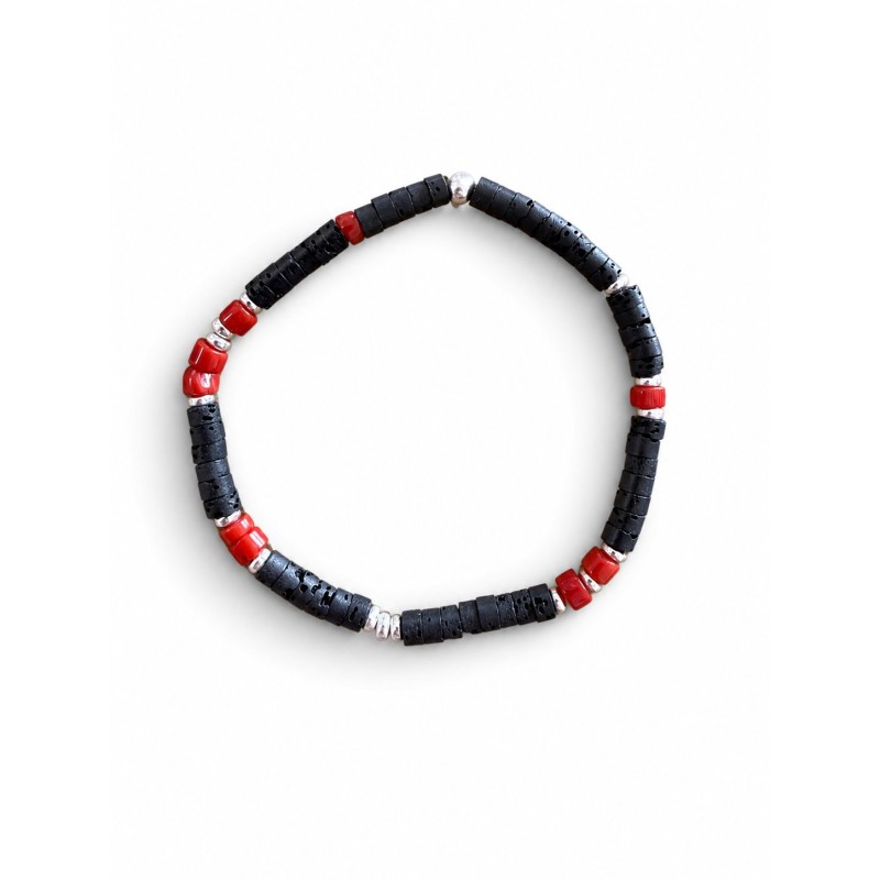 Bracelet homme en pierre de lave, corail rouge et argent BRCORH0033A