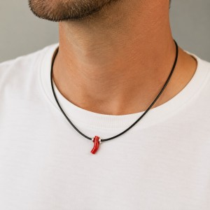 Collier homme en cuir noir et corail COCORH0014A