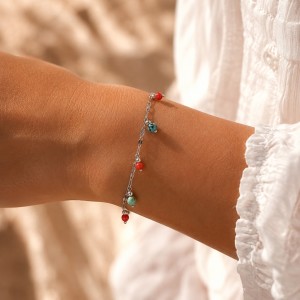 Bracelet Corail Rouge & Turquoise Africaine en Acier Inoxydable BRCORF0097A