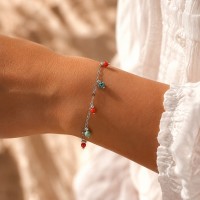 Bracelet Corail Rouge & Turquoise Africaine en Acier Inoxydable BRCORF0097A