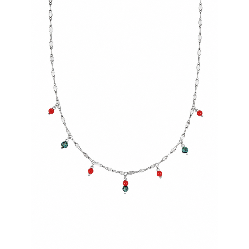 Collier Corail Rouge & Turquoise Africaine en Acier Inoxydable