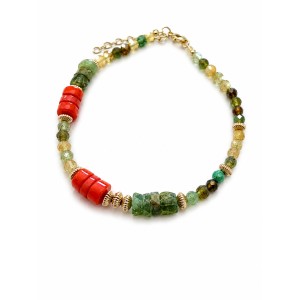Bracelet Tourmaline, Vésuvianite & Corail Rouge – Gold Filled. BRCORF0100G
