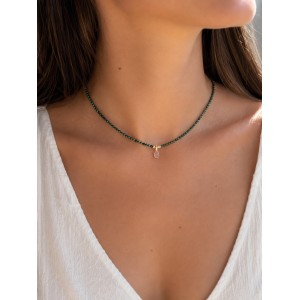 Collier choker en malachite facettée et pendentif goutte COMALACHITEF001G