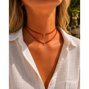 Collier Corail Rouge & Breloque Goutte COCORF0098G