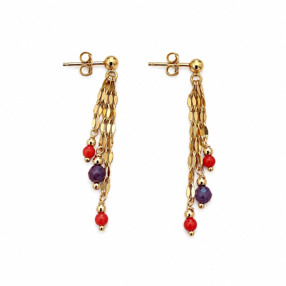 Boucles d’oreilles pendantes en corail rouge et rubis-saphir BOCORF0053G