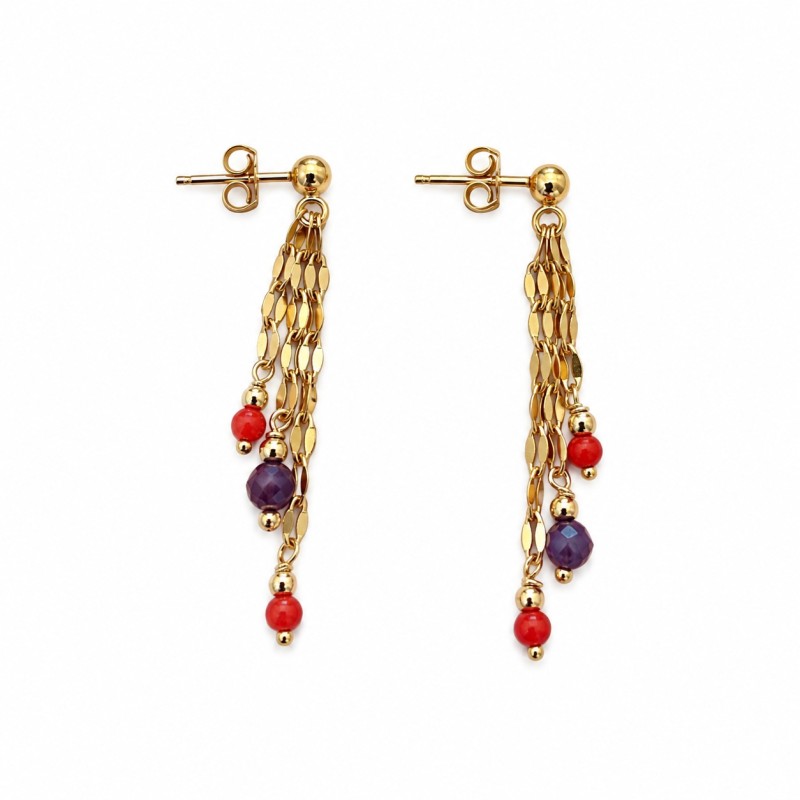 Boucles d’oreilles pendantes en corail rouge et rubis-saphir BOCORF0053G