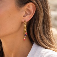 Boucles d’oreilles pendantes en corail rouge et rubis-saphir BOCORF0053G