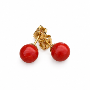Boucles d’oreilles puces en corail rouge 8mm et or 18 carats BOCORF006O