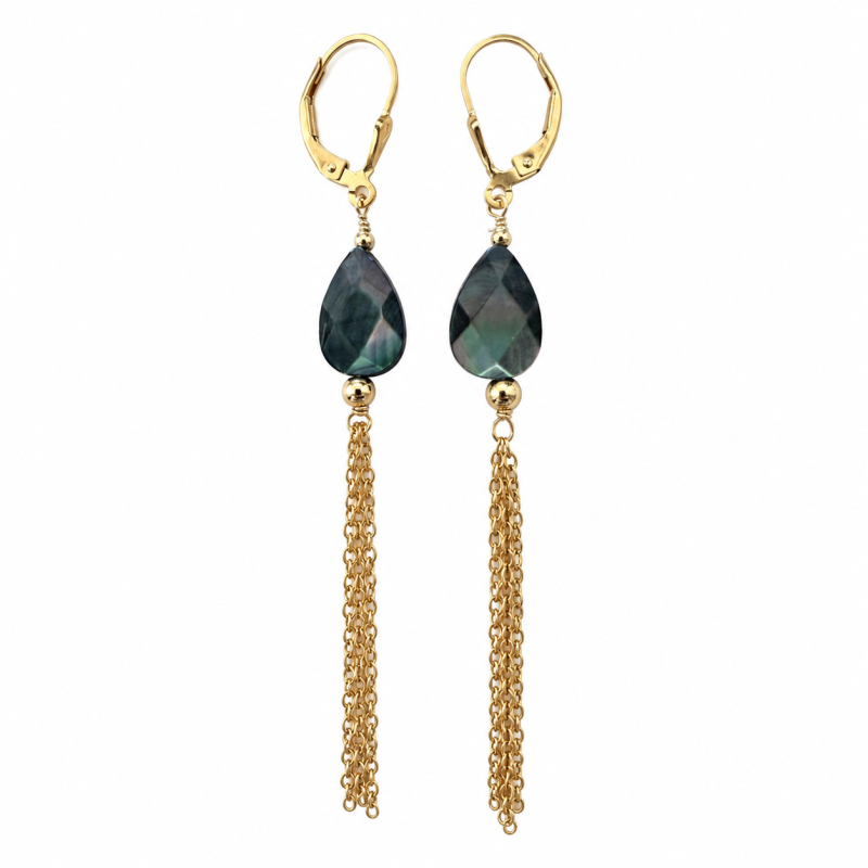 Boucles d’oreilles pendantes en nacre grise facettée & Gold Filled BONACF0060G